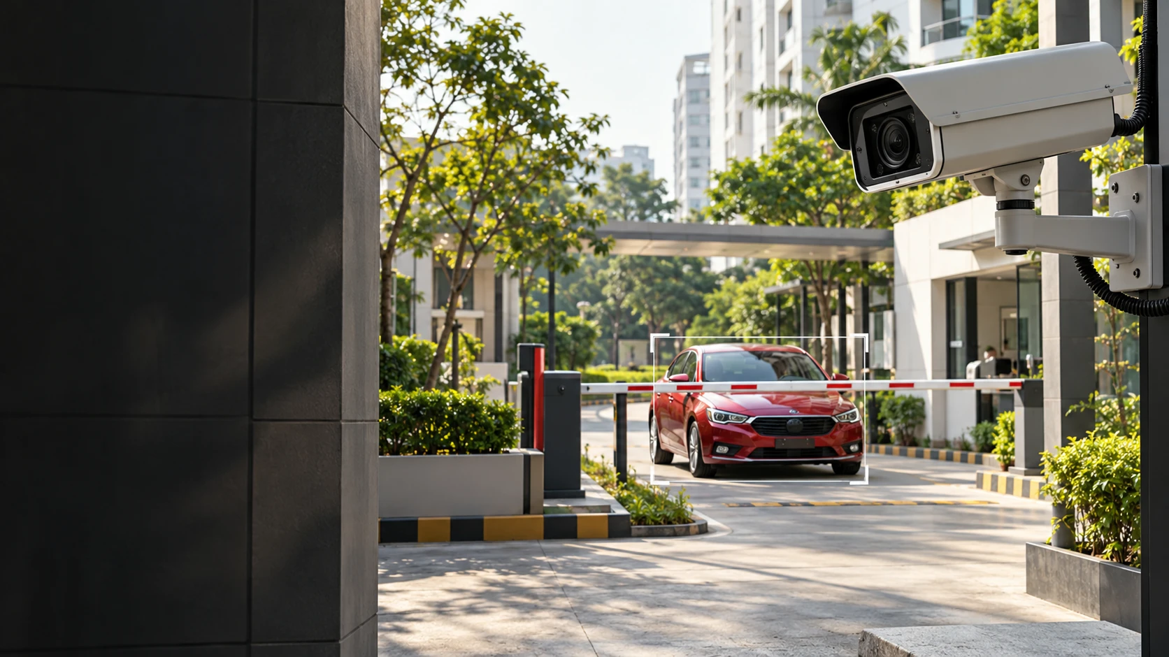 AI visualization of camera-based vehicle detection at a parking entrance